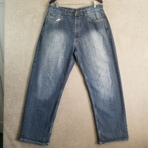 VTG ROCAWEAR Mens 36x33 Jeans Baggy Wide Leg Faded Denim Embroidered Pocket (C1)